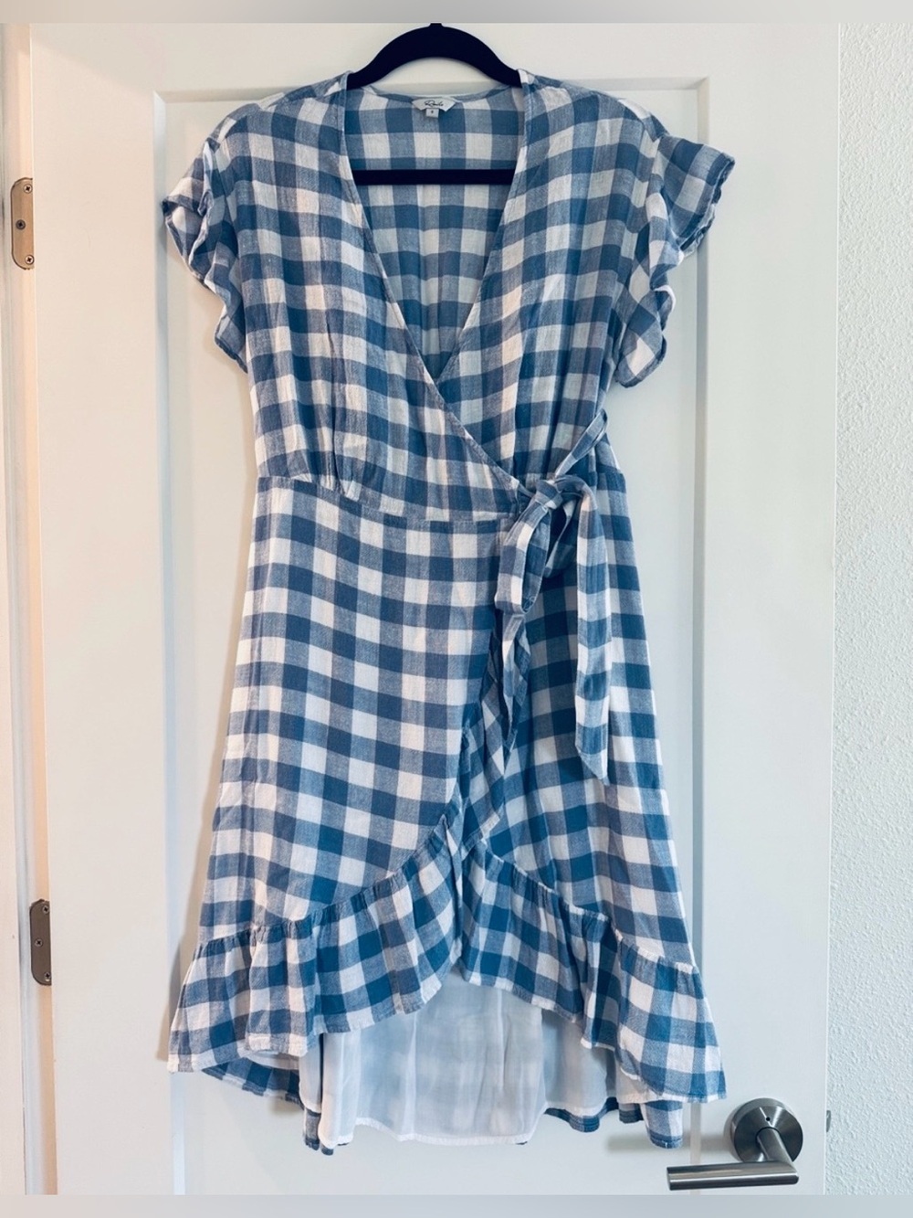 NEW Rails Brigitte Periwinkle Check Linen Wrap Dress Blue White Gingham | S - Picture 2 of 16
